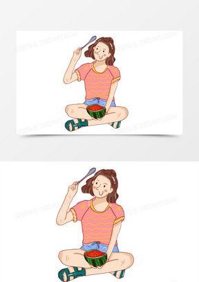 女孩吃瓜手绘,手绘描绘的甜蜜瞬间